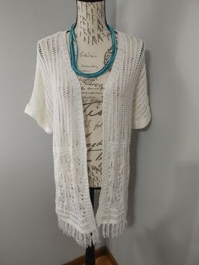 Christopher & Banks Cream Open-Knit Fringe Short Sleeve Cardigan L